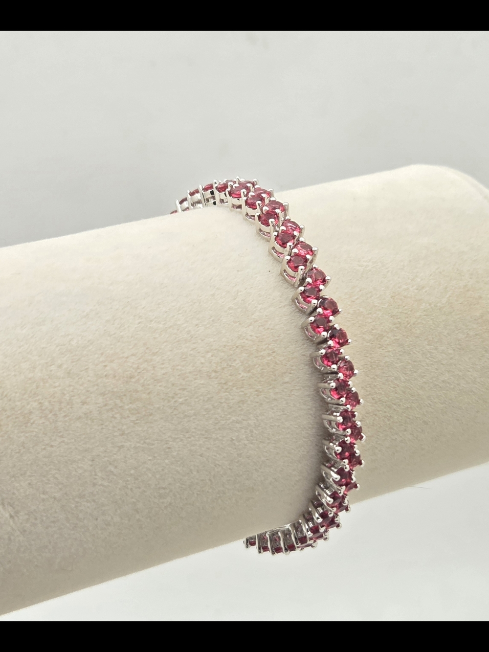 Raspberry Pink Glass Zig Zag Tennis Bracelet - Silver Tone Brass